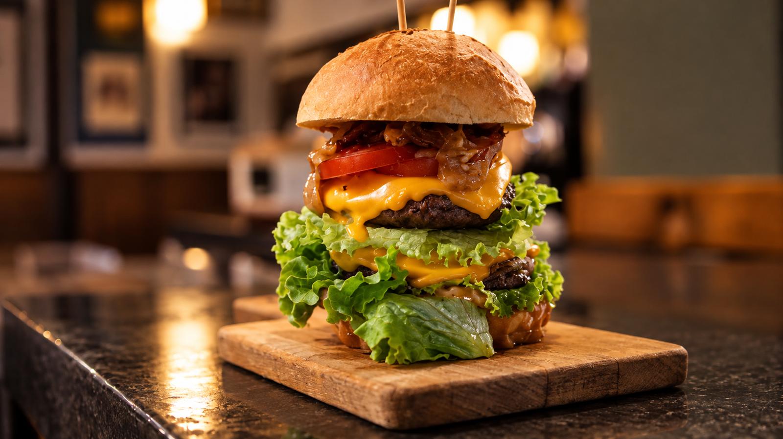 Doppio hamburger con cheddar, bacon e lattuga